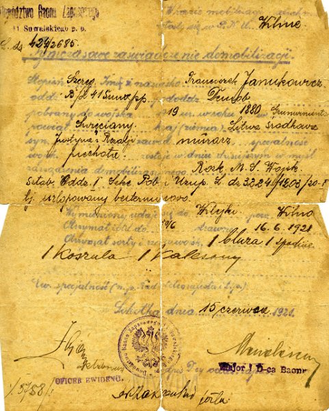 KKE 5910.jpg - Zaświadczenie o demobilizacji Franciszka Janukowicz, Sokółka, 15 VI 1921 r.